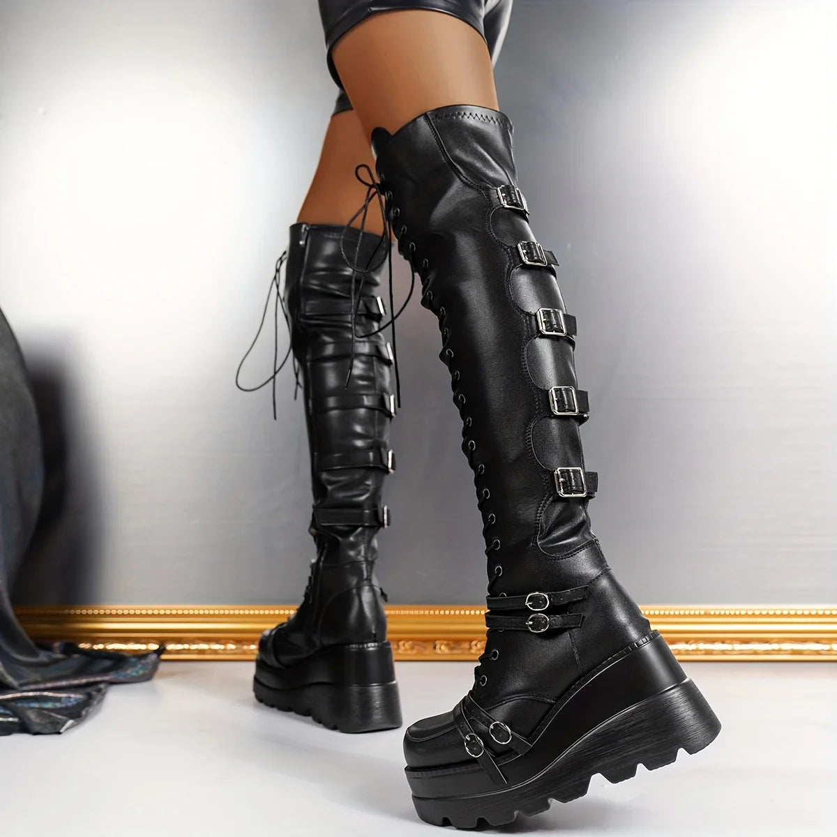 Women's Thigh High Boots Lace Up Zipper