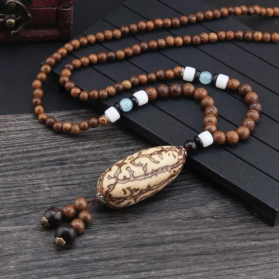 Vintage Nepal Buddhist Mala Necklace With Wood Beads Pendant Ethnic Jewelry