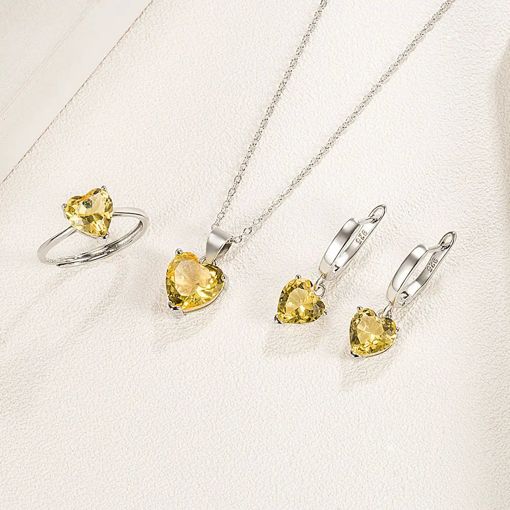 925 Sterling Silver Heart Zircon Jewelry Set For Women Necklace Earrings Ring