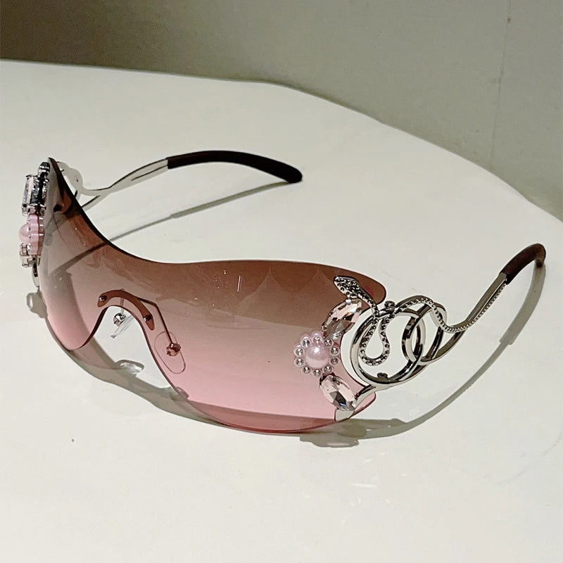 Rimless Sunglasses With Rhinestones Monoblock Gradient Lenses