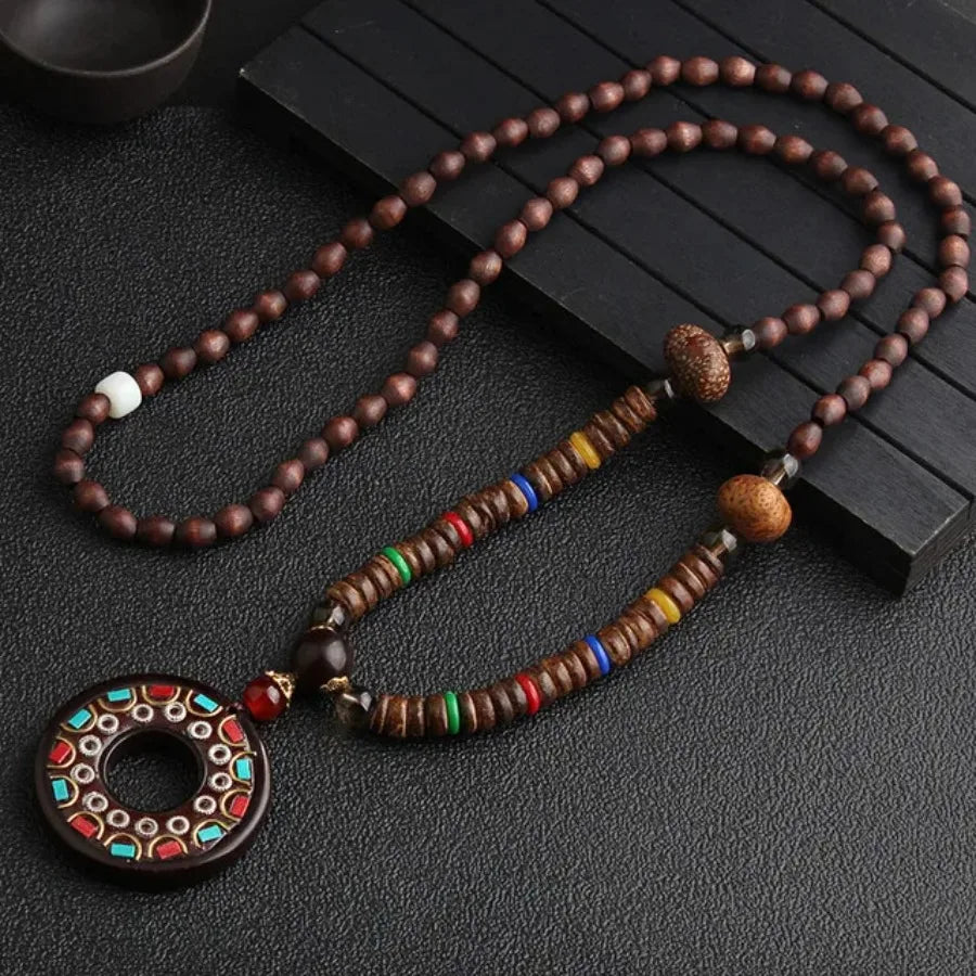 Vintage Nepal Buddhist Mala Necklace With Wood Beads Pendant Ethnic Jewelry