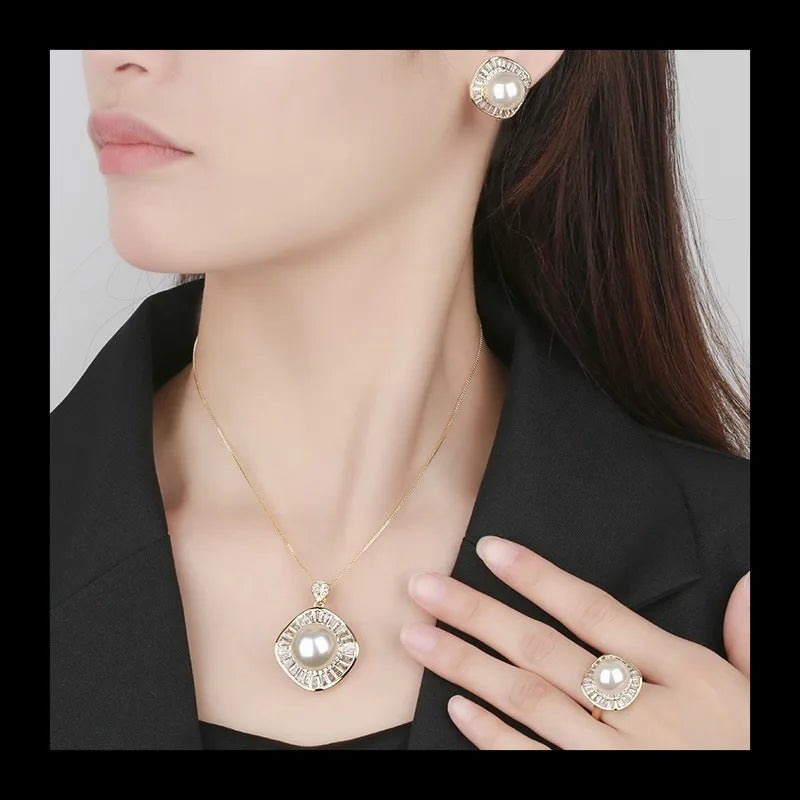 Earrings Ring Necklace Gold Plated White Pearl Square