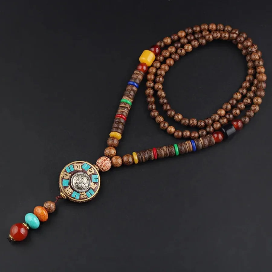 Vintage Nepal Buddhist Mala Necklace With Wood Beads Pendant Ethnic Jewelry
