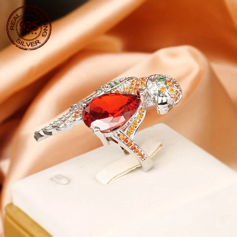 Parrot Bird Silver Ring Zircon Water Drop