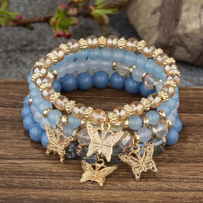 Bracelet Crystal Bead 4Pcs Butterfly Charm Set