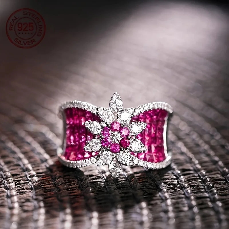 Ring 925 Sterling Silver Sunflower Zircon White Gold Plated