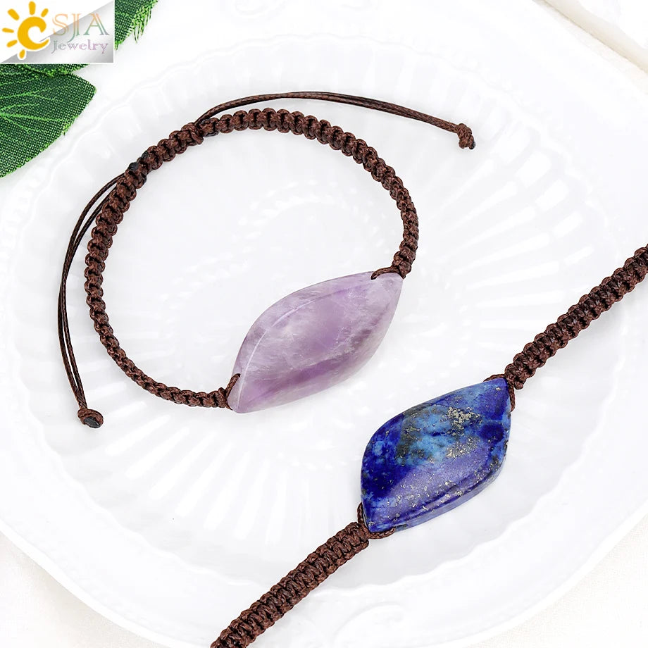 CSJA Jewelry Natural Stone Handmade Braided Mens Bracelet Amethyst