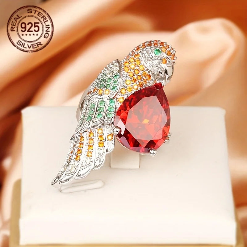 Parrot Bird Silver Ring Zircon Water Drop