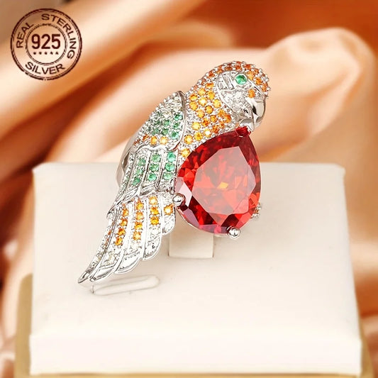 Parrot Bird Silver Ring Zircon Water Drop