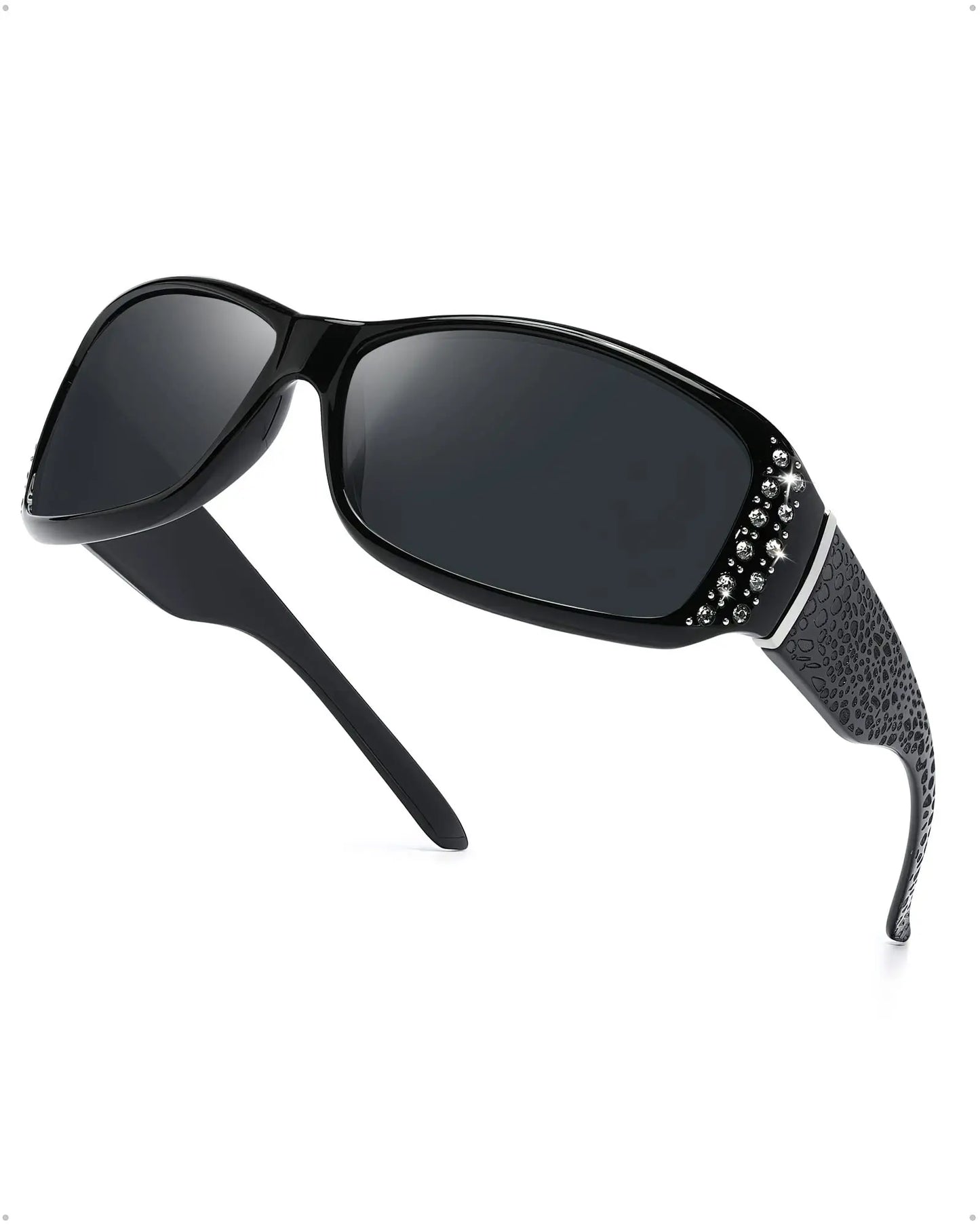 Polarized Rhinestone Wraparound Sunglasses UV400 Protection