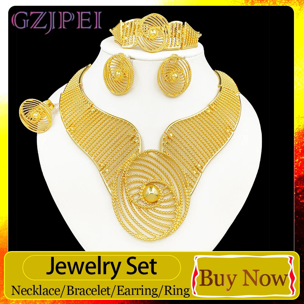 GZJPEI Geometric Striped Jewelry Set 18K Gold Plated Hollow Out