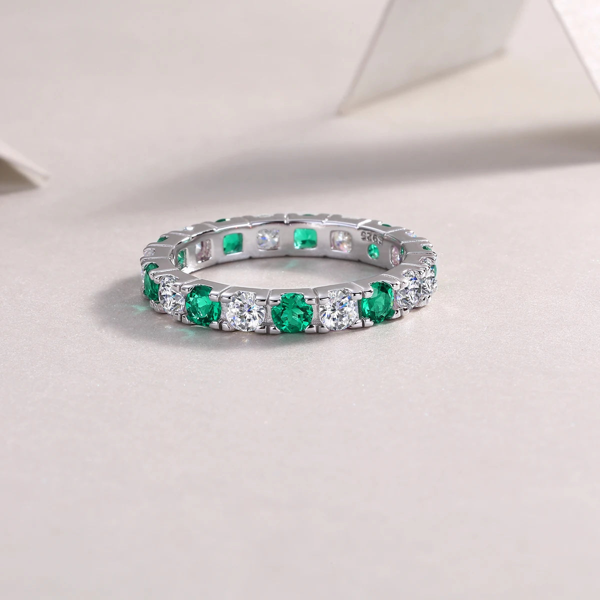 925 Silver Ring with Alternating Moissanite & Green Emeralds