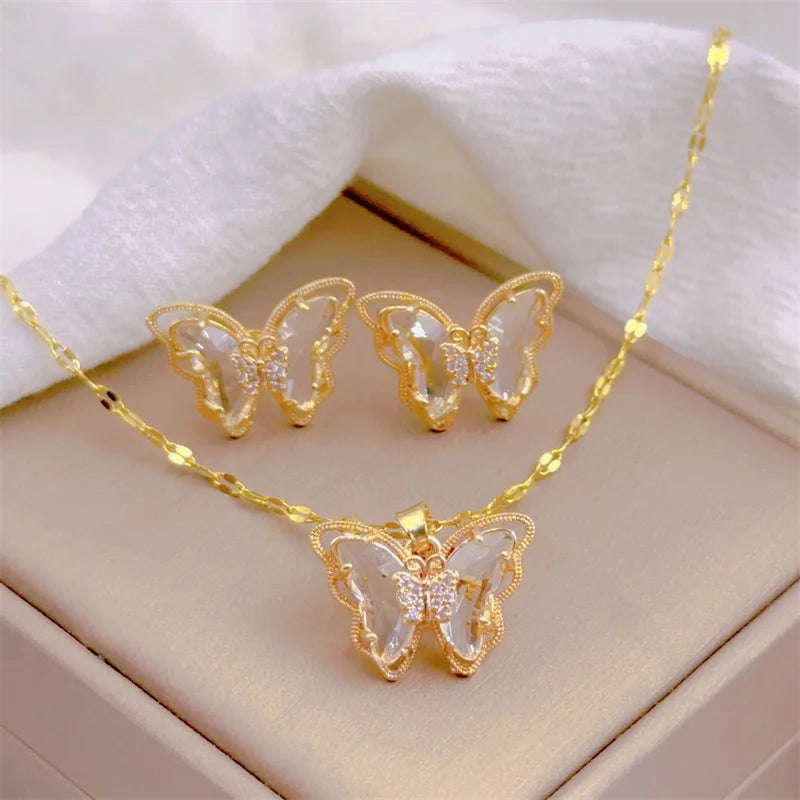Butterfly Necklace And Earrings Set Stainless Steel Jewelry