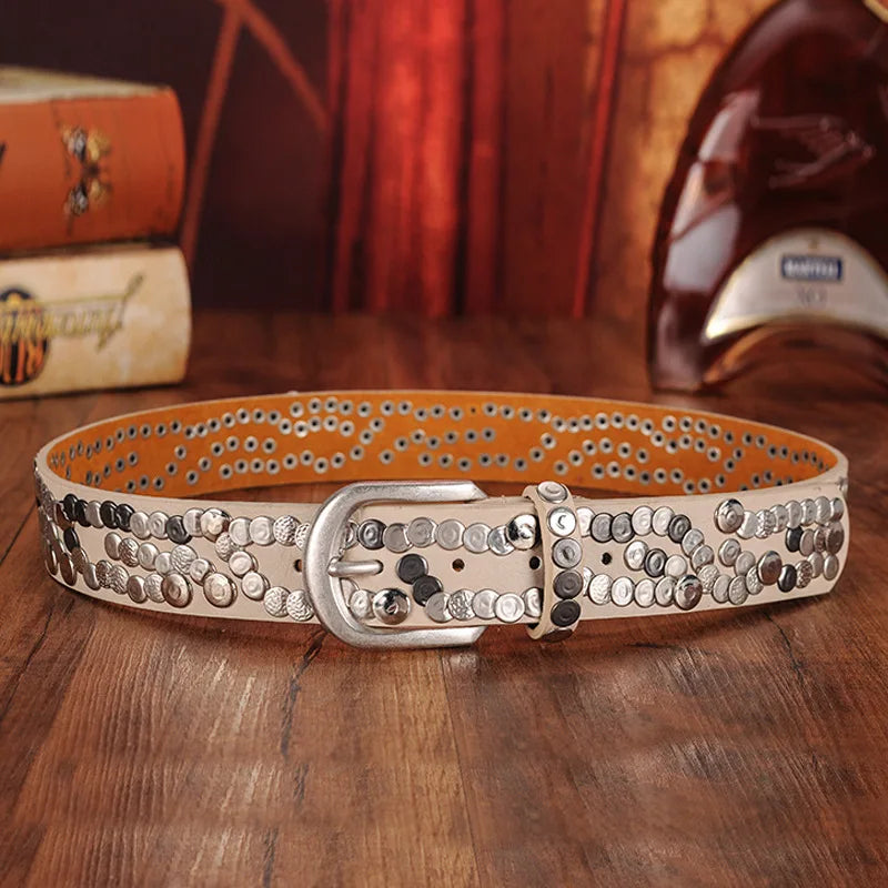 Leather Belt With Buckle Geometric Rivets Bokadiao