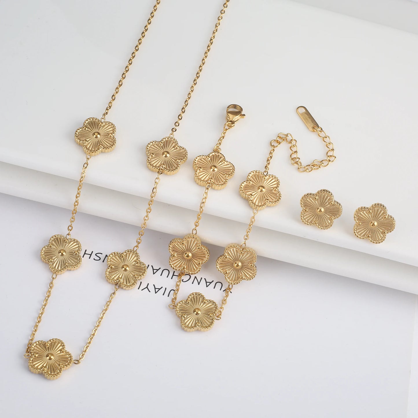 Stainless Steel Flower Clover Jewelry Set Necklace Bracelet Earrings