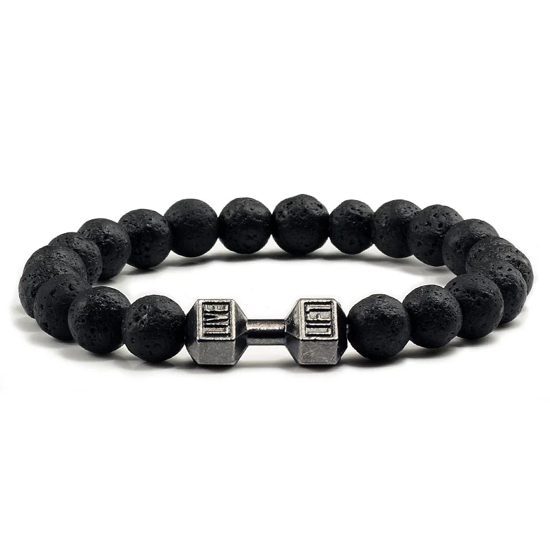 Bracelet Natural Volcanic Stone Matte Black Lave White Beads