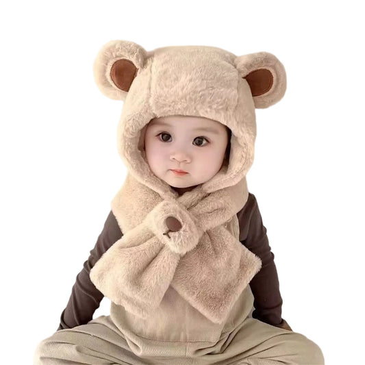 Winter Plush Animal Hooded Scarf Set for Kids Bear Ears