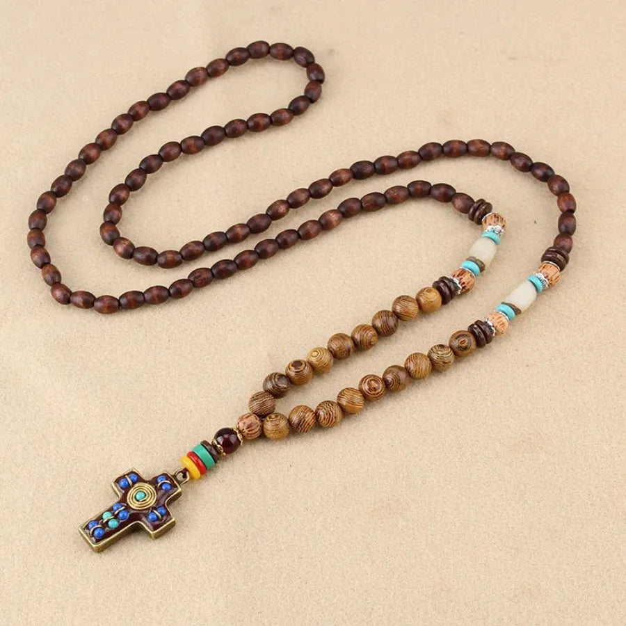 Vintage Nepal Buddhist Mala Necklace With Wood Beads Pendant Ethnic Jewelry
