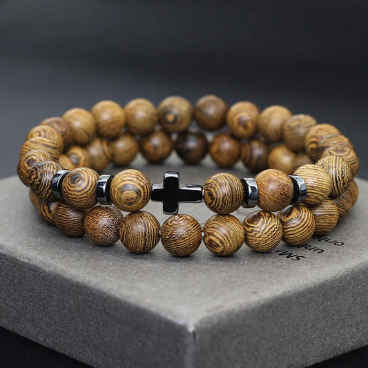 Bracelet Set Natural Wenge Wooden Cross Beaded Wrap Jewelry