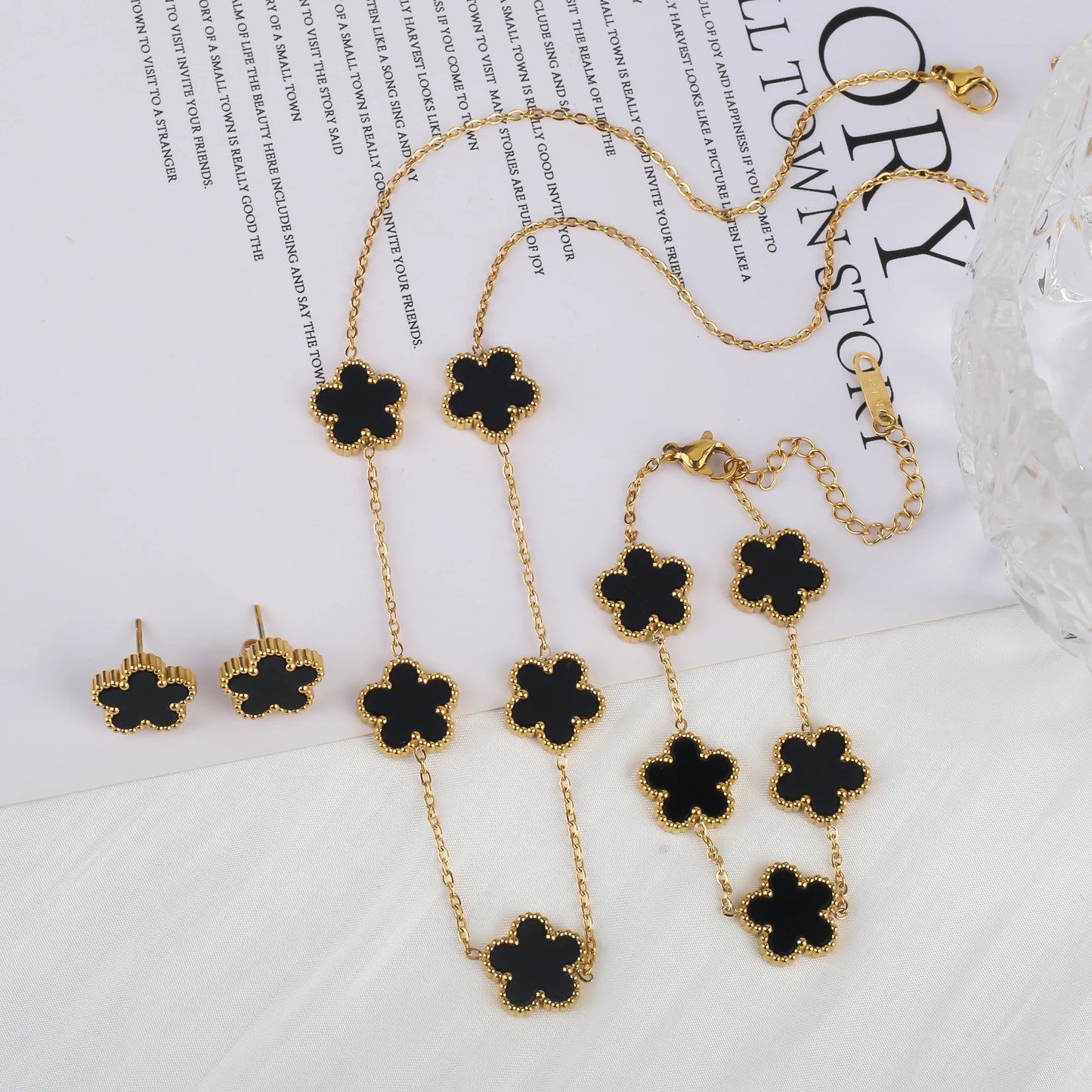 Stainless Steel Flower Clover Jewelry Set Necklace Bracelet Earrings