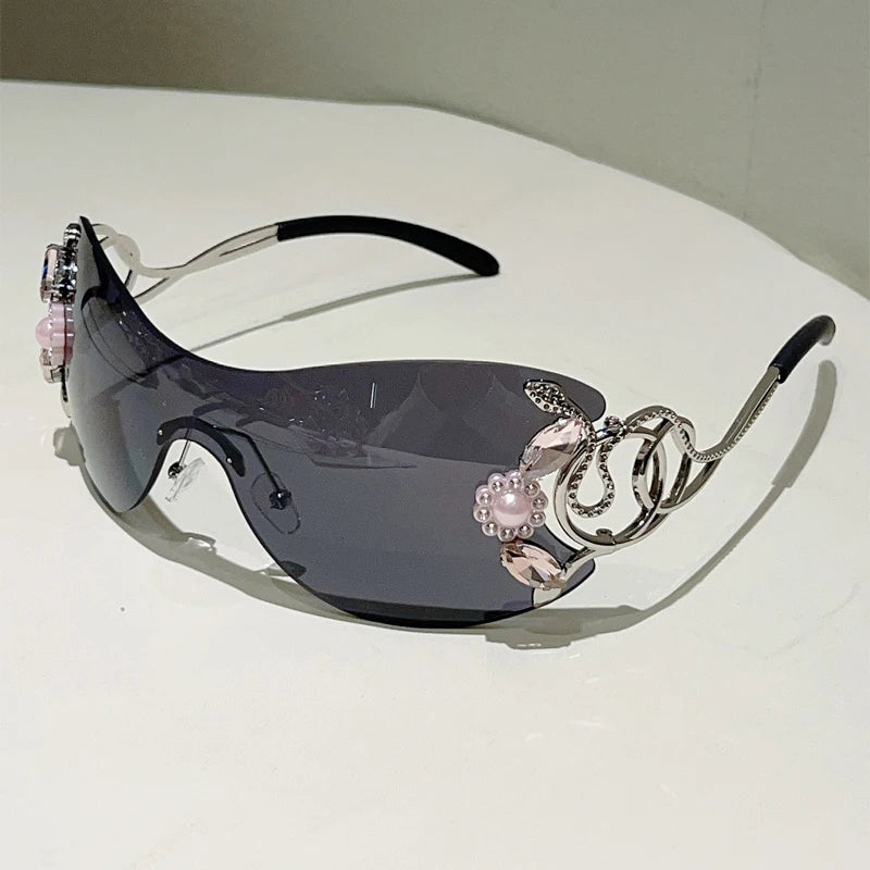 Rimless Sunglasses With Rhinestones Monoblock Gradient Lenses
