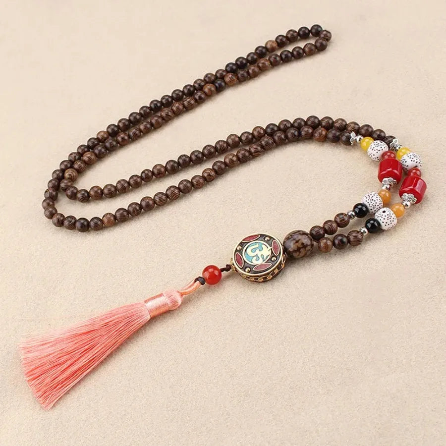 Vintage Nepal Buddhist Mala Necklace With Wood Beads Pendant Ethnic Jewelry