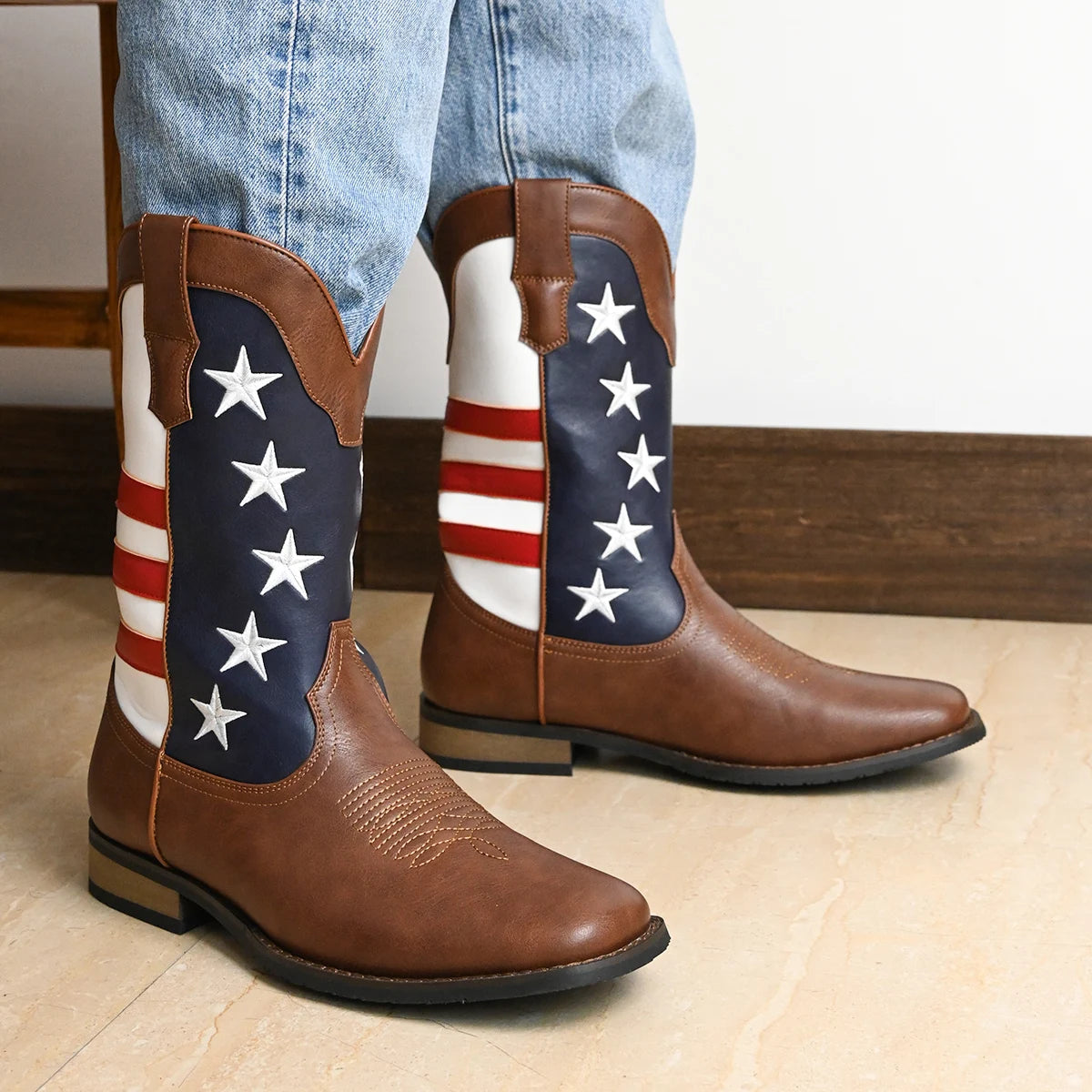 Men's Cowboys Boots With Stars And Stripes Pattern