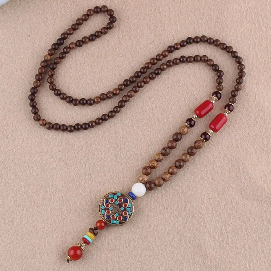 Vintage Nepal Buddhist Mala Necklace With Wood Beads Pendant Ethnic Jewelry
