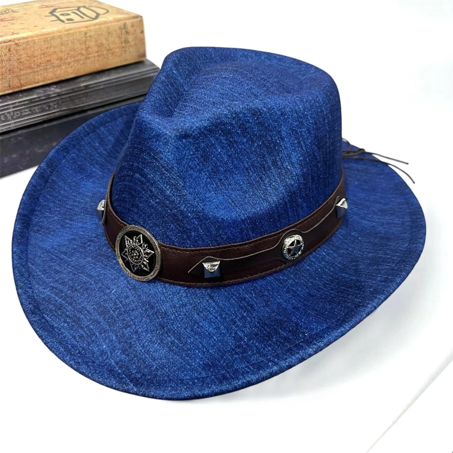 Denim Cowboy Hat With Wide Brim And Badge Belt