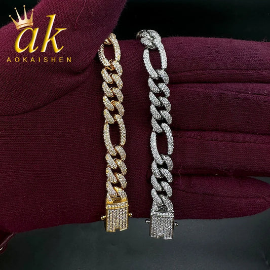 Aokaishen Iced Out Figaro Bracelet Prong Setting Gold Plated Hip Hop Jewelry