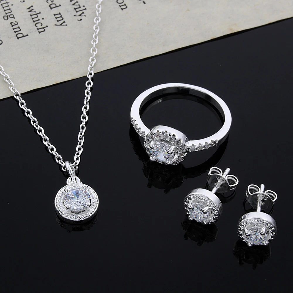 Sterling Silver Crystal CZ Jewelry Set Necklace Earrings Ring Women