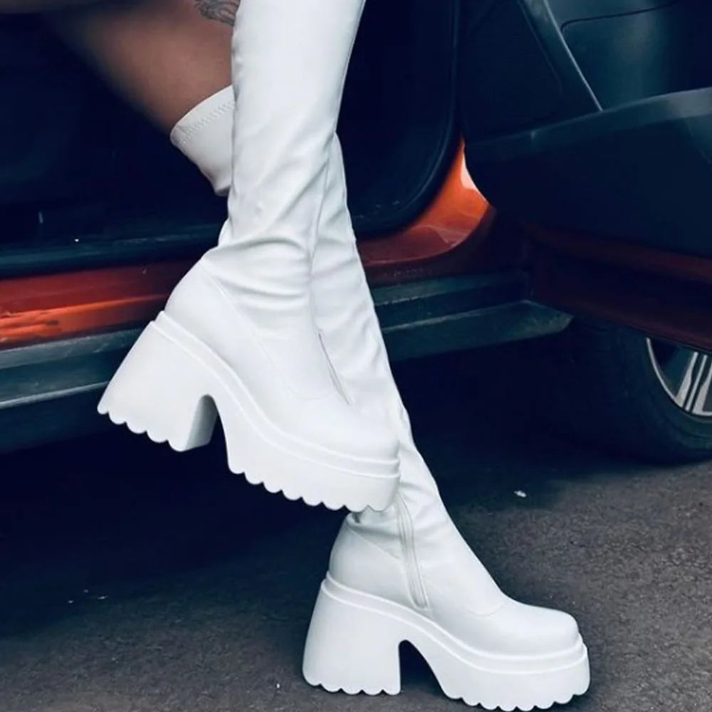 Women's Stretch Boots Mid Calf White