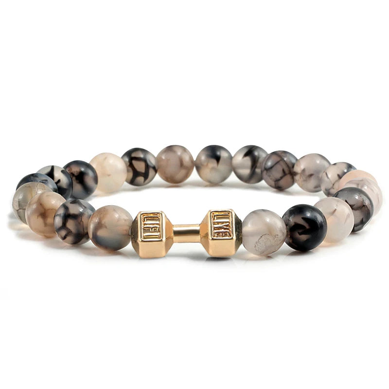 Bracelet Natural Volcanic Stone Matte Black Lave White Beads