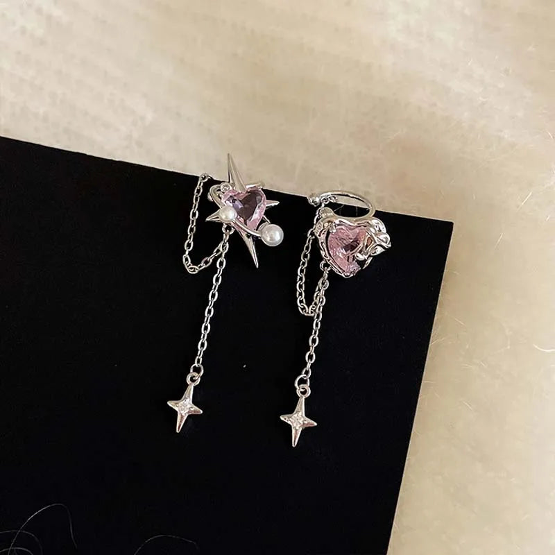 Earring Clip Crystal Heart Tassel Ear Cuff