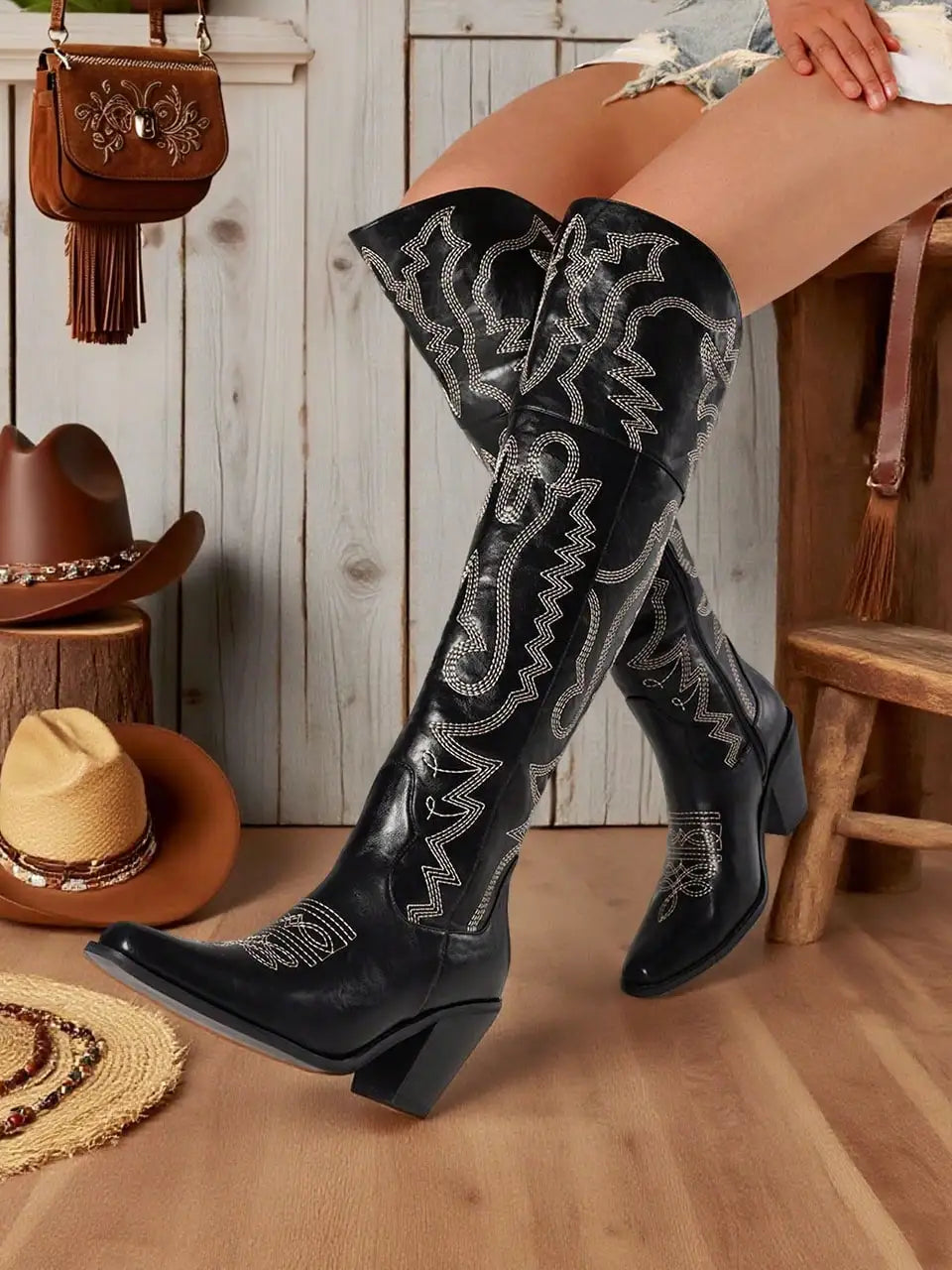 Women's Western Thigh High Boots Point Toe Vintage