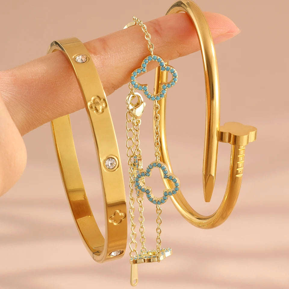 Bracelet Cuff Gold Plated Four Leaf Flower