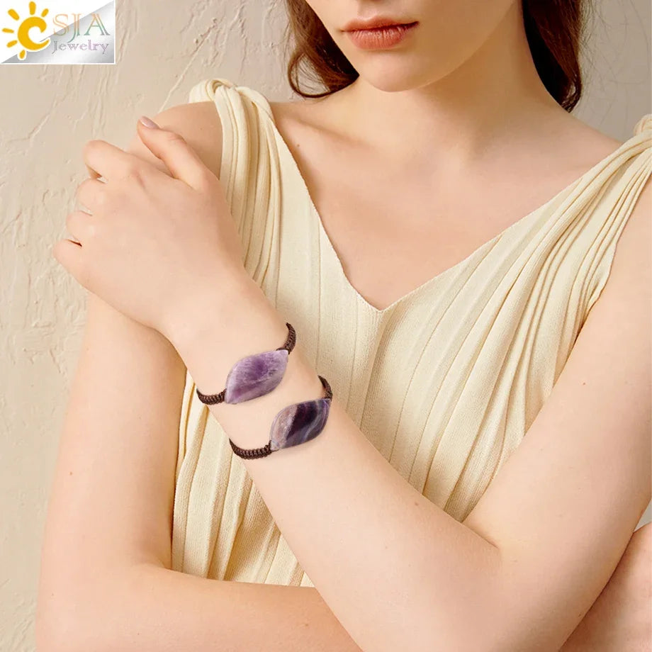 CSJA Jewelry Natural Stone Handmade Braided Mens Bracelet Amethyst