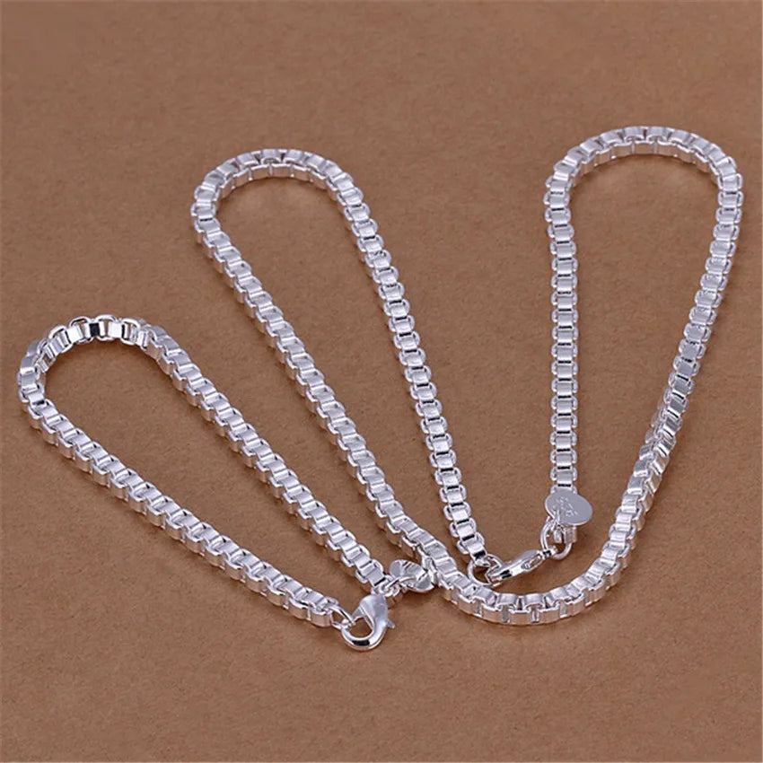 Sterling Silver 925 Box Chain Jewelry Set Bracelet Necklace Earrings