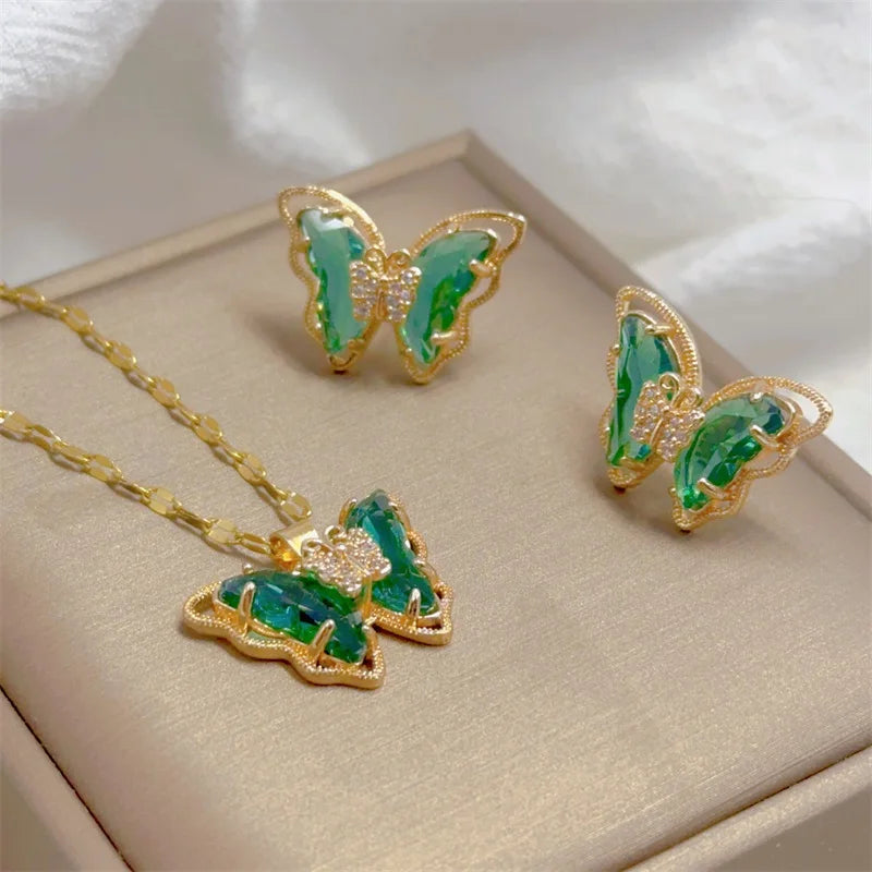 Butterfly Necklace And Earrings Set Stainless Steel Jewelry