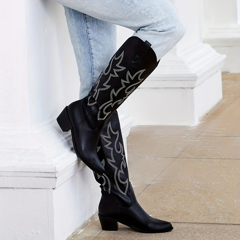 Western Knee-High Boots Women Embroidered