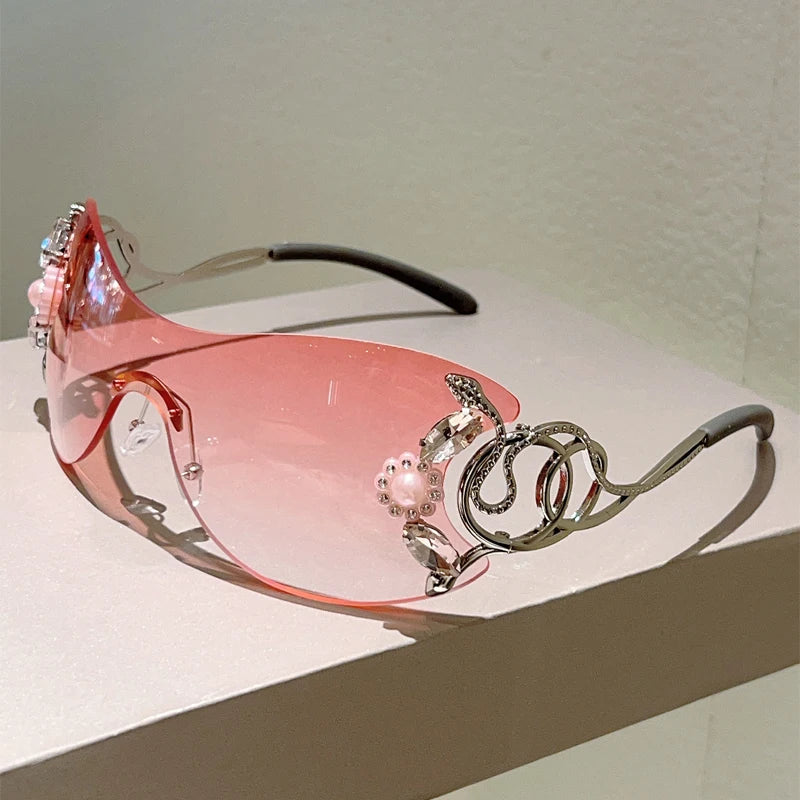Rimless Sunglasses With Rhinestones Monoblock Gradient Lenses