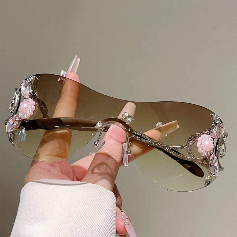 Rimless Sunglasses With Rhinestones Monoblock Gradient Lenses