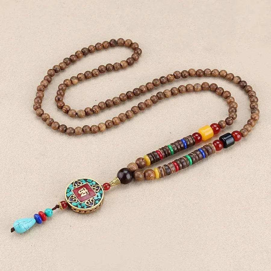 Vintage Nepal Buddhist Mala Necklace With Wood Beads Pendant Ethnic Jewelry