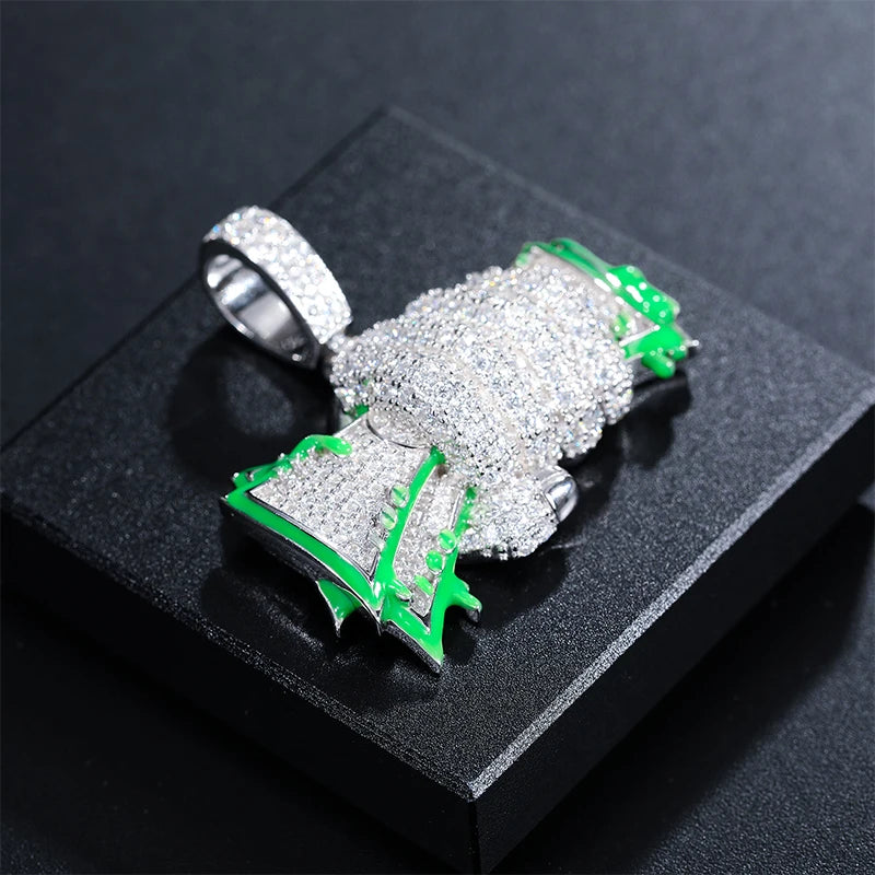 ICEOUTBOXCN Glowing Fist Dollar Money Bag Pendant Necklace Moissanite