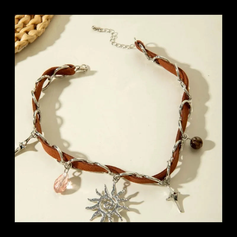 Sun Pendant Necklace With Leather Stitching