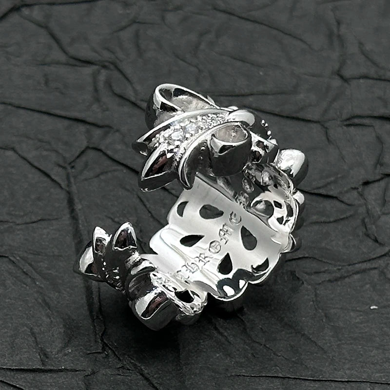 S925 Sterling Silver Open Cross Flower Ring With Diamonds