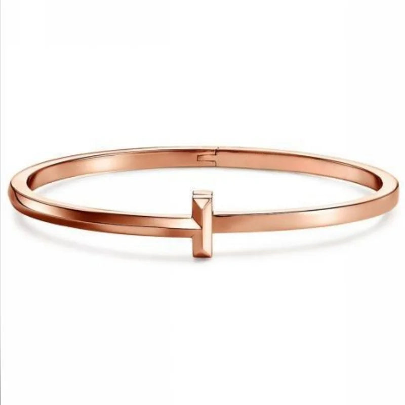 Bracelet Rose Gold Plated T Bar Cuff With Hinged Clasp
