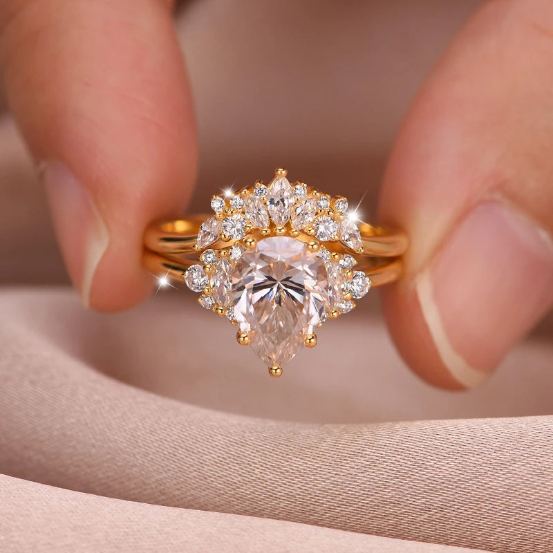 S925 Sterling Silver Moissanite Ring Set 2Ct 18K Gold Plated