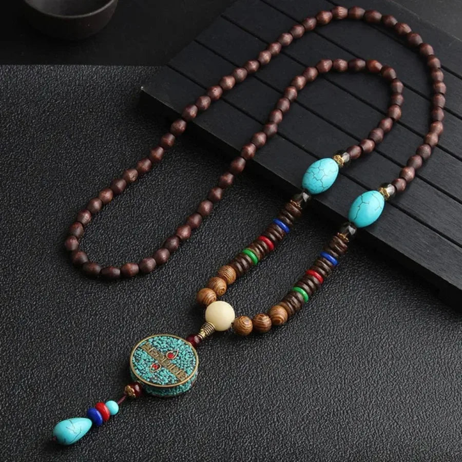 Vintage Nepal Buddhist Mala Necklace With Wood Beads Pendant Ethnic Jewelry