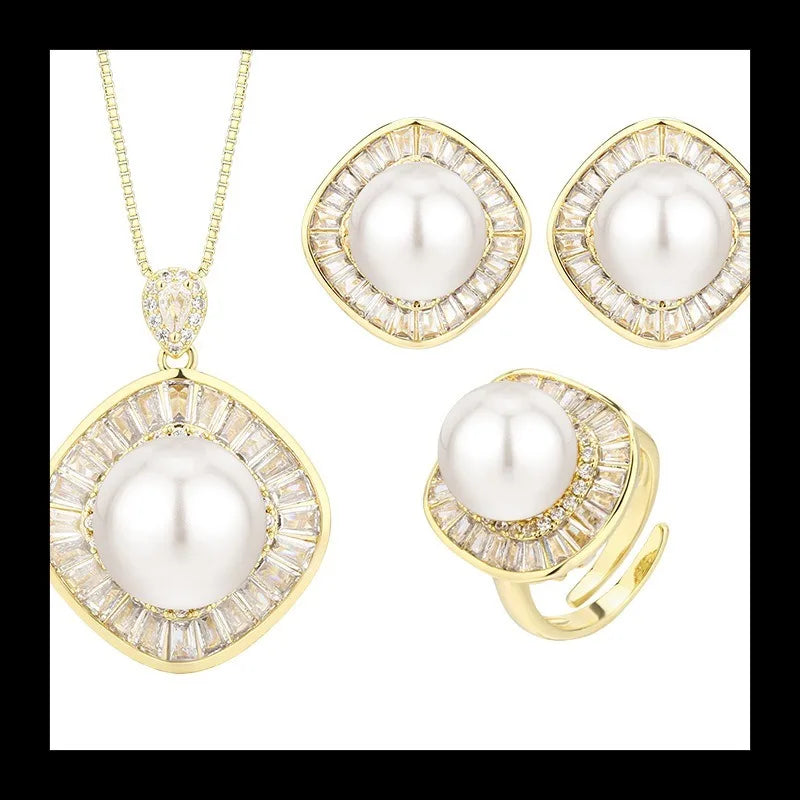 Earrings Ring Necklace Gold Plated White Pearl Square